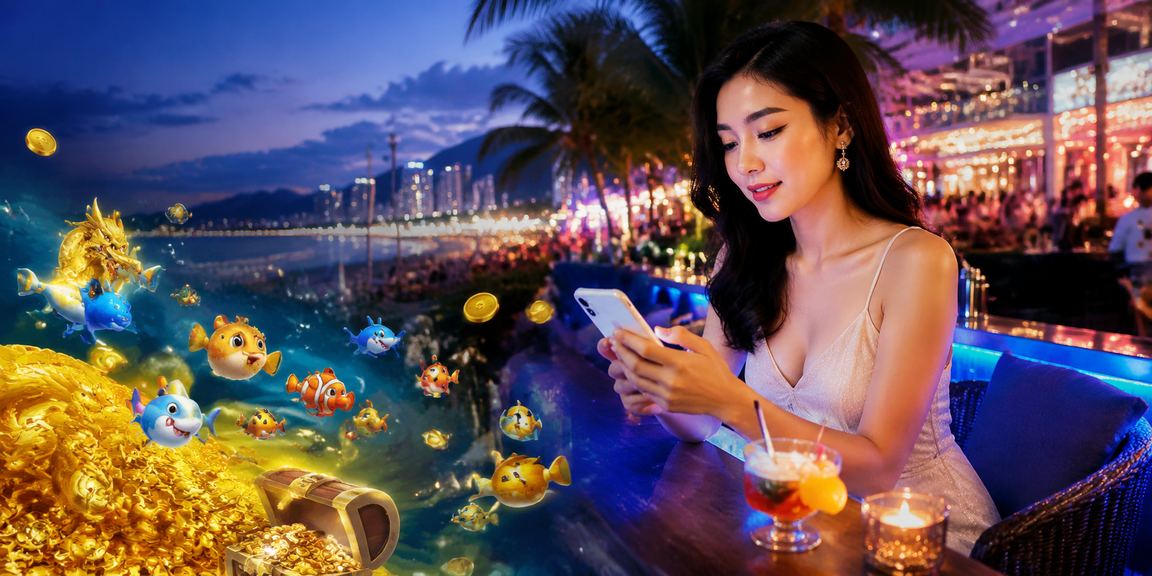 Người dùng Nha Trang nạp tiền 11labs trên điện thoại cạnh bãi biển